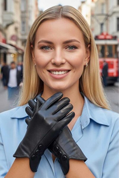 Trenderrs Дамски луксозни ръкавици с три копчета от веганска кожа