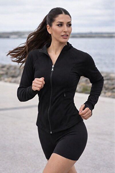 Çeşme Home Women's Black Zippered Sports Jacket – 95% Viscose 5% Elastane Fle...