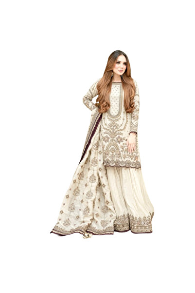 MYSMAR White Faux Georgette Top Palazzo & Dupatta - HRT5862 | White