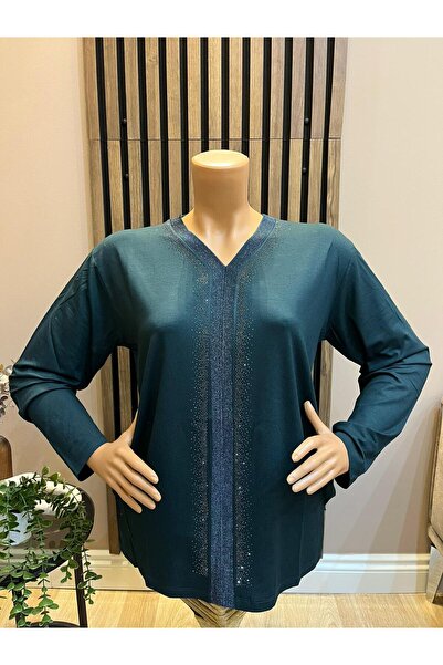 AKMAVİ Kadın Orta Yaş Ve Üzeri Triko Şeritli Taşlı Anne Penye Bluz