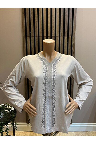 AKMAVİ Kadın Orta Yaş Ve Üzeri Triko Şeritli Taşlı Anne Penye Bluz