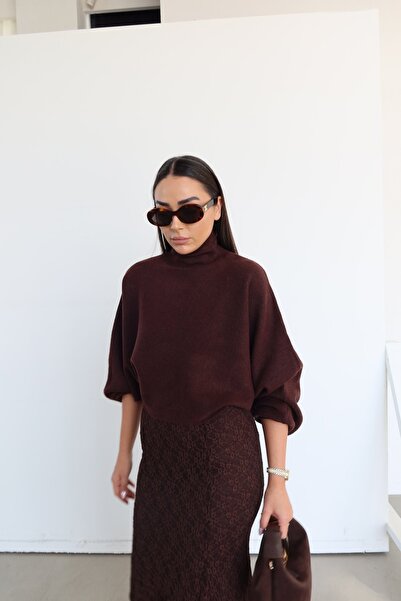 Özge Özgenç Wool Blend Mock Neck Batwing Sleeve Sweater