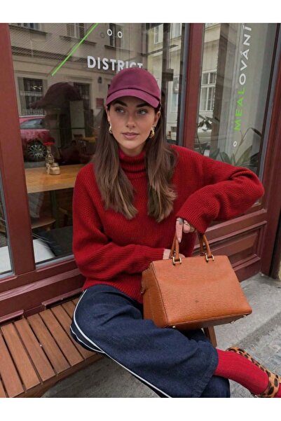 TUMA Pulover tricotat cu textură moale, roșu, cu guler înalt, pentru femei tu...