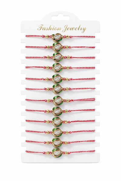 OEM Set of 12 white tulip martisor bracelets with leaves and rhinestones, red...