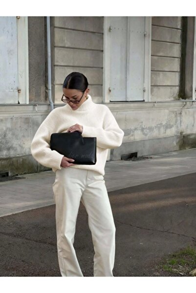 Dier Moda Women's Red Turtleneck Wide Cut Soft Textured Knitwear Sweater Fmod...