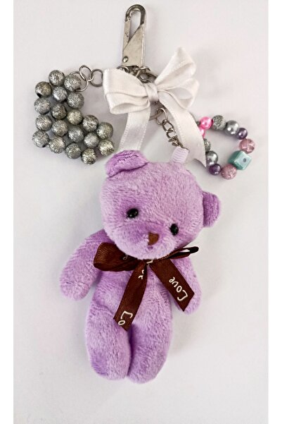 chibi Lilac Cute Teddy Bear & Silver Heart Design Bag Charm Gift Accessory Ke...