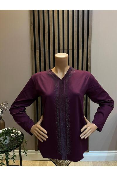 AKMAVİ Kadın Orta Yaş Ve Üzeri Triko Şeritli Taşlı Anne Penye Bluz