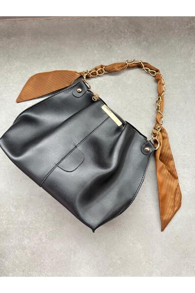 Larolina Women's Black Soft Leather Bag with Scarf and Chain Accessories