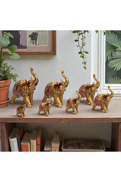 ELSELİFE Lüks İşlemeli Feng Shui 7’li Bereket Fil Biblo Seti Dekoratif Ev Ofi...