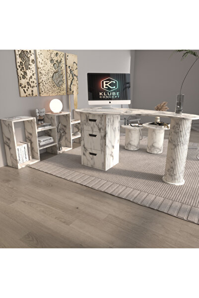 klubeconcept Athena Kolon Ayaklı Beyaz Mermer Desen Çalışma Masası Ofis Takım...