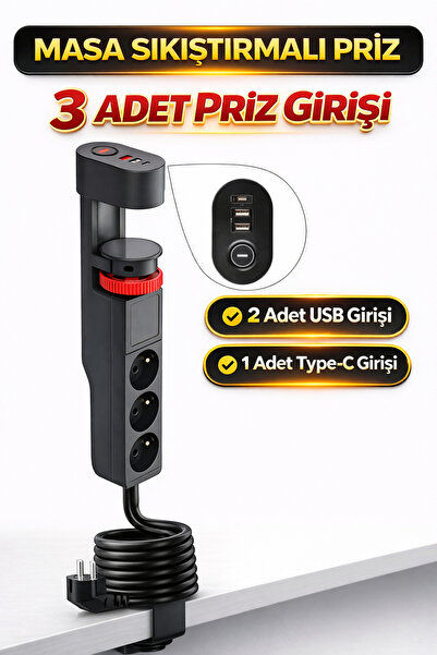 Ecuy Masa Sıkıştırmalı Priz 3 Priz + 2 USB + 1 Type-C Uzatma Kablosu Sabitlem...