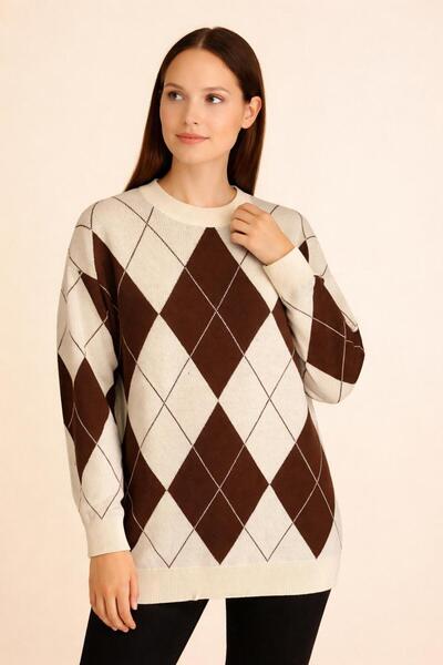 Noreva Kadın Triko Kazak Argyle Desenli - Sıcak Tutan Günlük