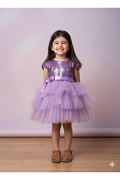 ELAGÜL Payetli Katkat Lila- Pembe Çocuk Abiye Parti Elbisesi 23 Nisan Elbisesi