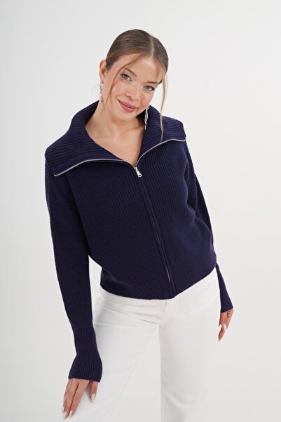 chiccagoo Kadın Lacivert Fermuarlı Devrik Yaka Triko Hırka