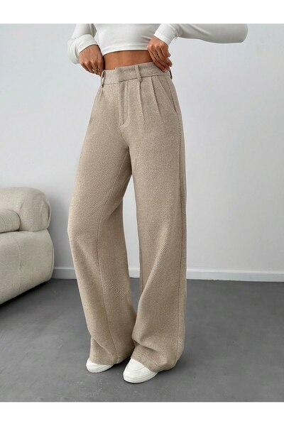 ROAVA Kadın Yüksel Bel Geniş Paça Palazzo Balık Sırtı Pantolon Bej Rengi