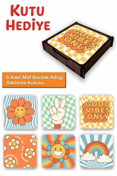UNT Set of 6 Mdf Coasters – with Storage Box, Good Vibes Only Retro Pattern
