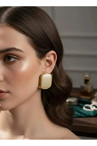 Dorvina Brass White Pearlescent Gold Detailed Vintage Design Rectangular Earr...