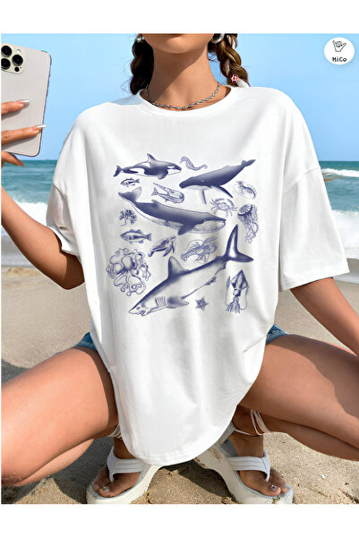 Unisex Kadın/Erkek SHARK Özel Baskılı Oversize Pamuklu Bisiklet Yaka Penye T-Shirt