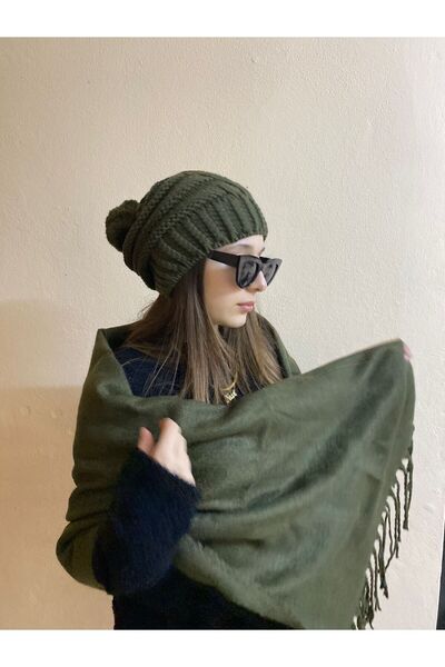 sema aksesuar Women's Winter Khaki Pompom Knitted Beanie and Tasseled Plain S...