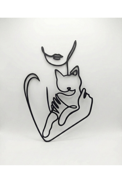 LUBIKO STUDIO Kedi ve Kadın Figürlü 3D Duvar Süsü Siyah Line Art Tablo 17x25 ...