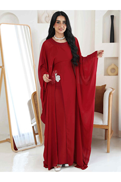 Nice Model Elegant Red Chiffon Maxi Dress with Cape Sleeves & Silver Rose Det...