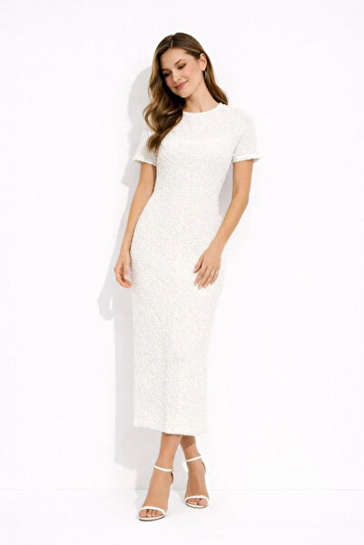 BLACK MODBLACK Women's White Short Sleeve Long Dress with Slit at the Back + ...