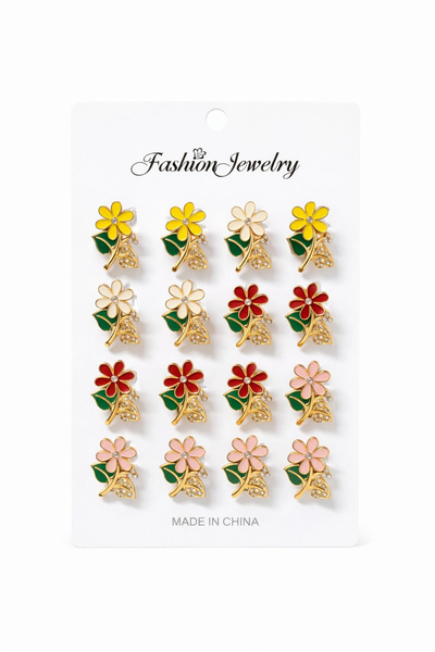 OEM Set of 12 gold flower brooches with green leaves and rhinestones, assorte...