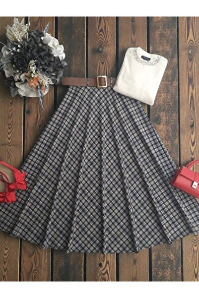 ŞAHİN TESETTÜR GİYİM ÇİZGİLİ EKOSE DESEN DERİ KEMERLİ YANDAN FERMUARLI KİLOŞ ...