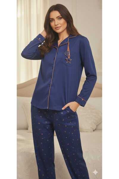 MODA Parlement mavisi ay yıldız desenli yakalı önden düğmeli pijama takımı