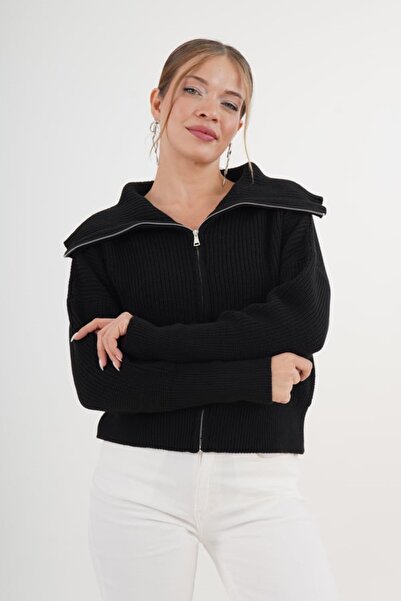 chiccagoo Kadın Siyah Fermuarlı Devrik Yaka Triko Hırka