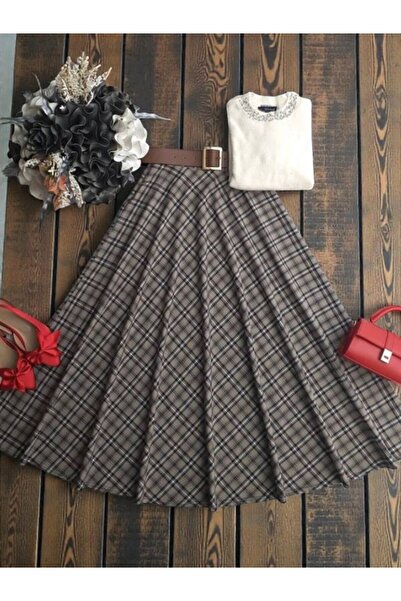 ŞAHİN TESETTÜR GİYİM ÇİZGİLİ EKOSE DESEN DERİ KEMERLİ YANDAN FERMUARLI KİLOŞ ...