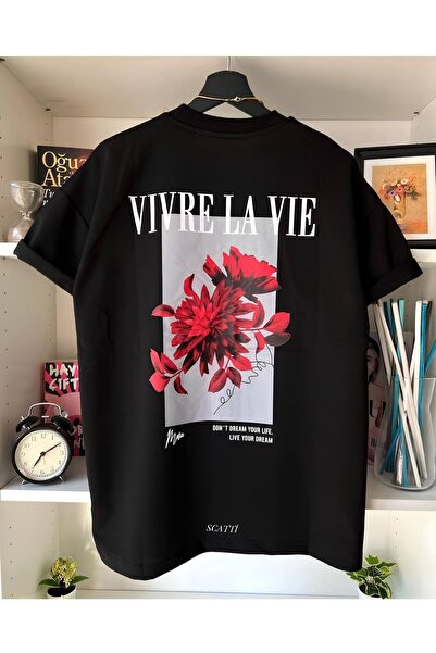 Unisex Kadın/Erkek VIVRE LA VIE Özel Baskılı Oversize Pamuklu Bisiklet Yaka Penye T-Shirt