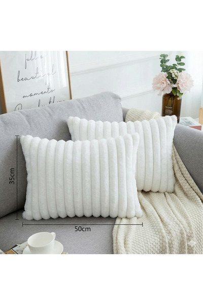 pufftable 2'li fitilli peluş kırlent kılıfı 35*50 ekru renk yumuşak kadife ya...