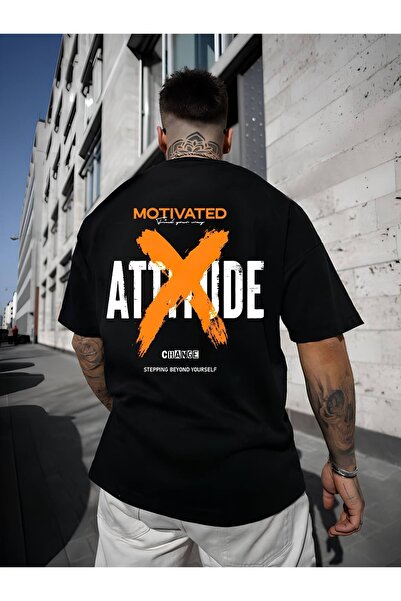 Unisex Kadın/Erkek MOTIVATED Özel Baskılı Oversize Pamuklu Bisiklet Yaka Penye T-Shirt
