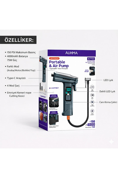 auhma Al-NET Hava Pompası|150PSI Ultra Güç|4000mAh Batarya|LED Işıklı & LCD E...