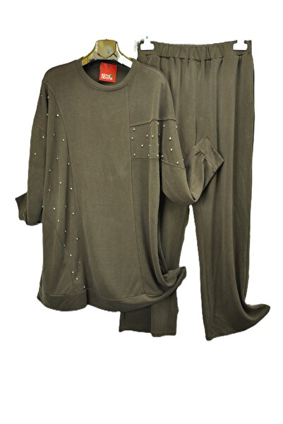 elma abone Plus Size Women's Fabulous Suede Pants Suit with Stone Detail