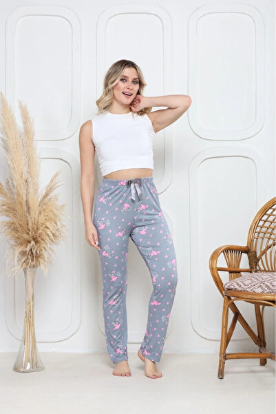 BLACK MODBLACK Ozbay Viscose Lycra Bottom Pajama Gray with Pink Butterfly Pri...