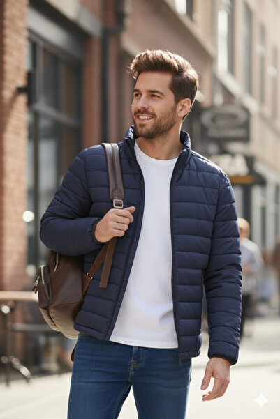 MEYASU معطف رجالي مبطن بسحاب باللون الأزرق الداكن