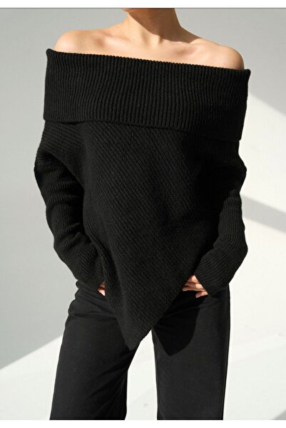 Sibel Günay Butik Madonna Collar Asymmetrical Cut Women's Knitwear Black Sweater