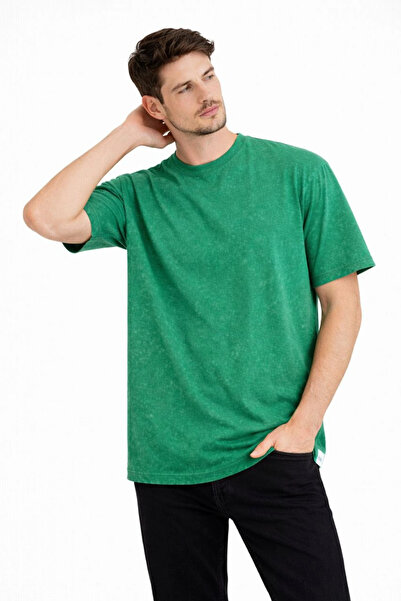 LUMİART Men's Acid Wash Crew Neck Short Sleeve Oversized T-Shirt Tee - Green