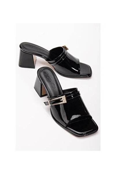 BLACK MODBLACK Zi̇va Black Patent Leather Heel Slippers