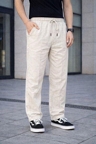 LUMİART Men's Linen Pocketed Stitched Jogger Buggy Pants Comfortable Fit - Cream