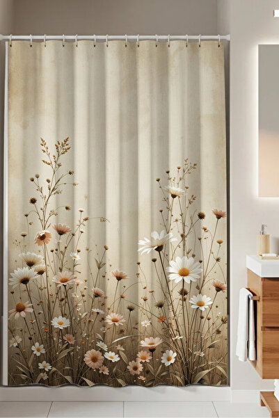 PrintiesPlus Dekoratif Vizon Renk Papatyalar Duş Perdesi 1x160x200 Banyo Perd...