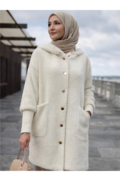 Laurella KAPÜŞONLU DÜĞMELİ YUMUŞAK DOKULU PREMİUM ANGORA KABAN