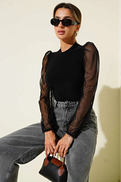 BLACK MODBLACK Stand-Up Collar Tulle Sleeved Blouse Black T3066