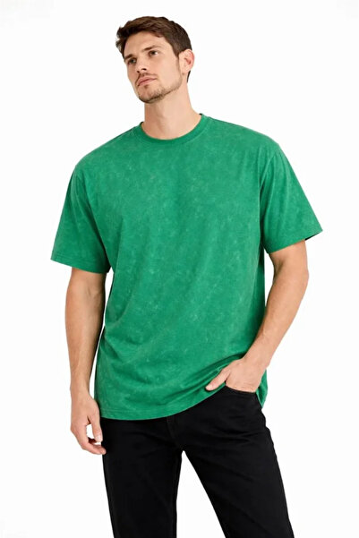 JANES Tricou pentru bărbați Acid Wash guler rotund cu mânecă scurtă supradime...