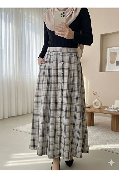 PINTORE Women's Button Detailed Pocketed Elastic Waist Long Plaid Skirt