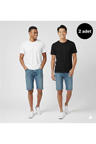 jeneric Men's 2-Pack Black-White 100% Organic Cotton Crew Neck Loose Fit Shor...