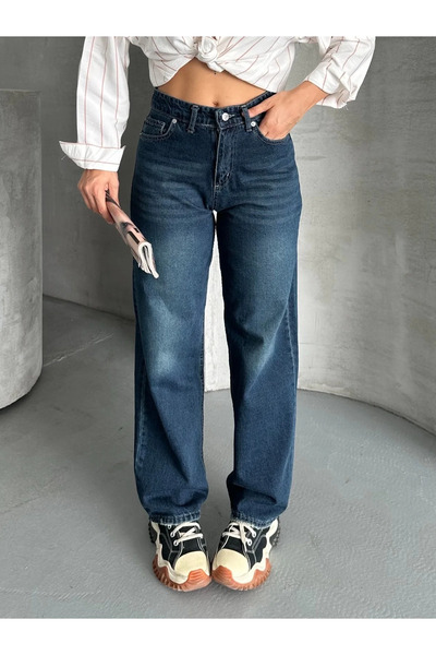 BLACK MODBLACK Palazzo Biyik Enzym Washed Jeans Pants Dark Blue D2008