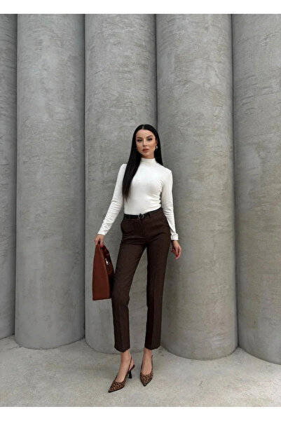 BLACK MODBLACK Ozbay Narrow-Leg Fabric Trousers with Belt, Brown Pt53 1152714